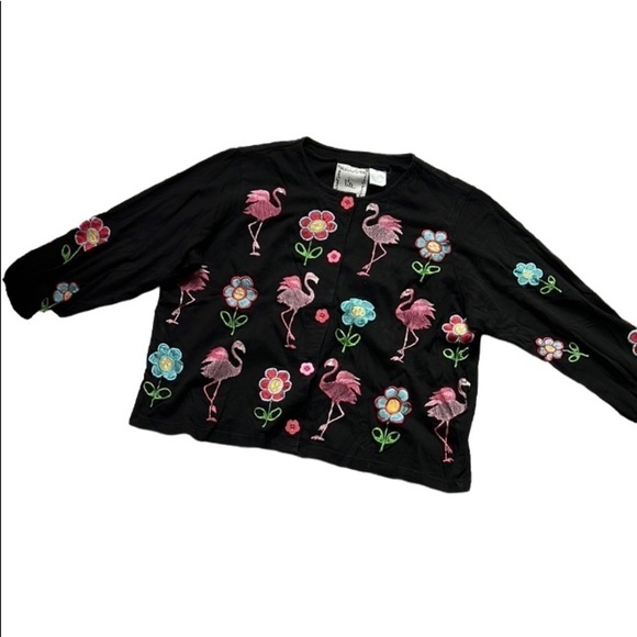 Michael Simon Sweaters - Michael Simon lite Button Cardigan embroidered flowers and flamingos sz S